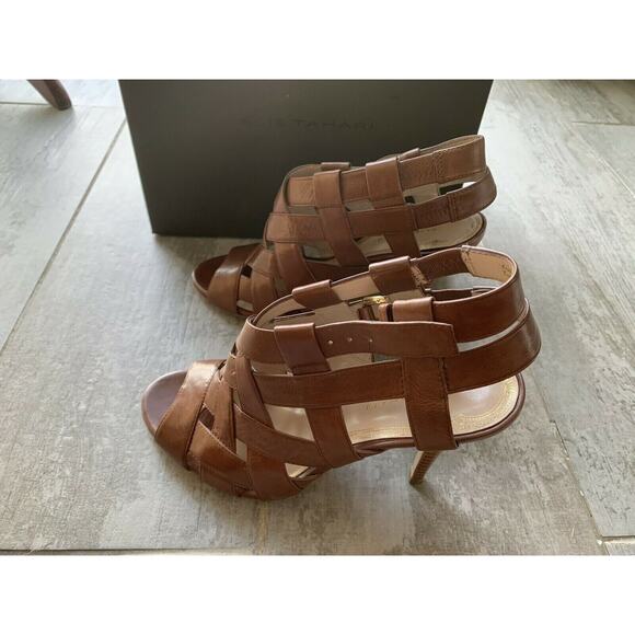 Elie Tahari High Heel Peep Toe Sandals Leather Tan Brown Strappy Designer 39 9 - Picture 5 of 10